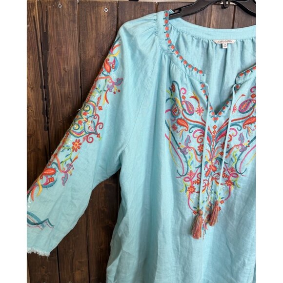 John Mark Tunic Top Turquoise Linen Embroidered Nwt Tassel 3/4 Sleeve 2X - Picture 6 of 13
